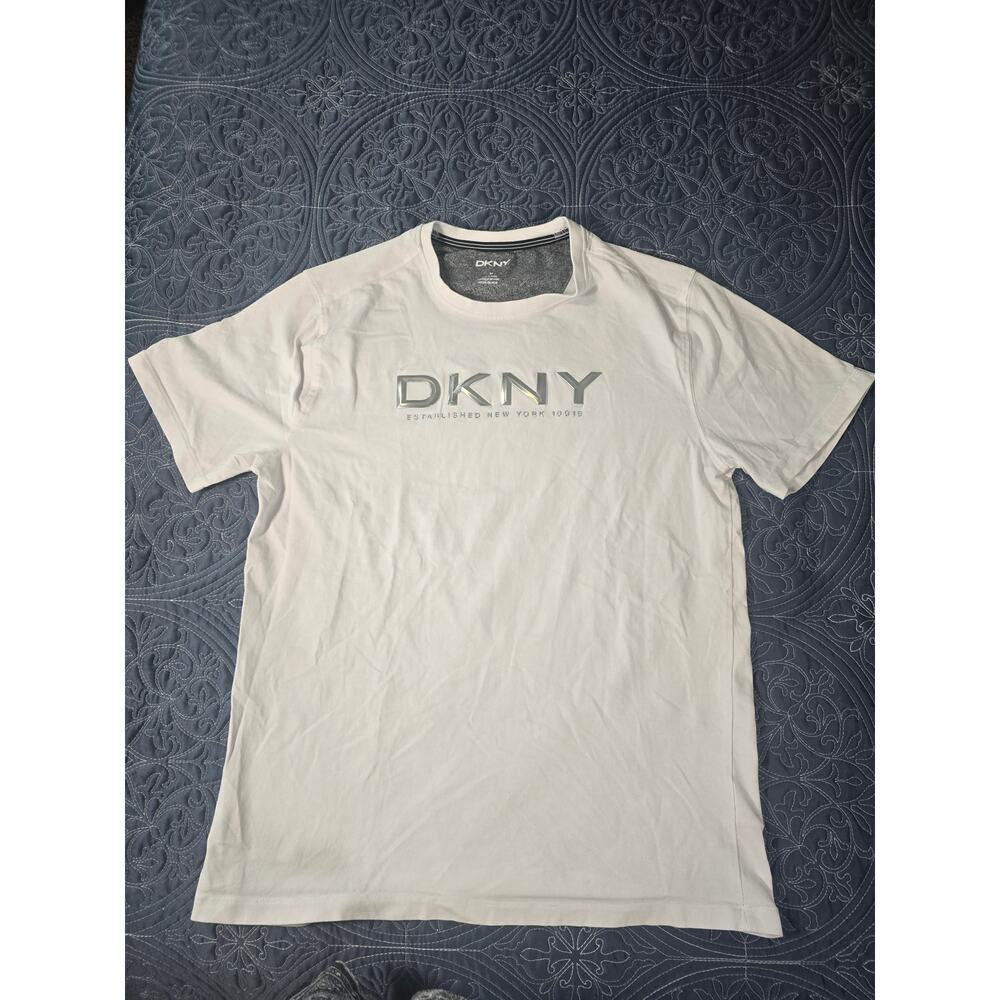 DKNY Logo Tee White Gray Graphic T Shirt Size M Minimalist Casual